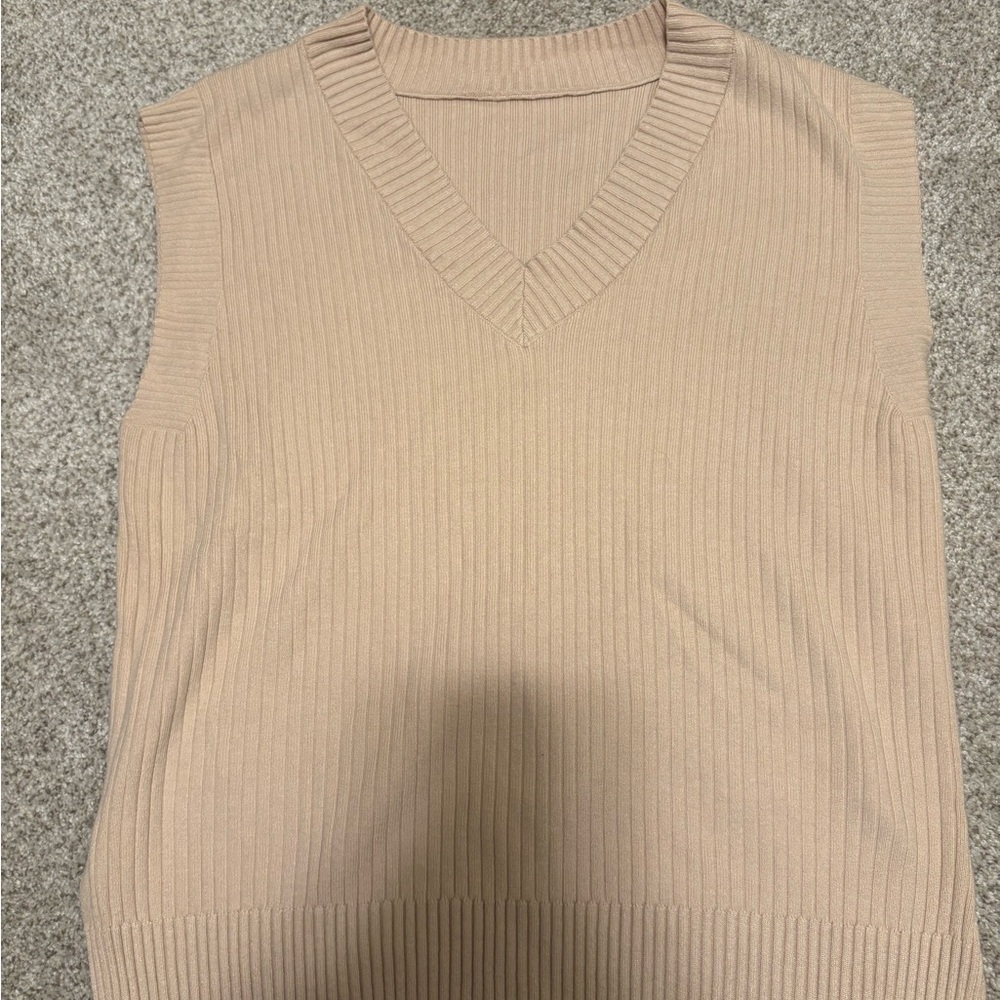 Beige Sleeveless Ribbed Knit Vest